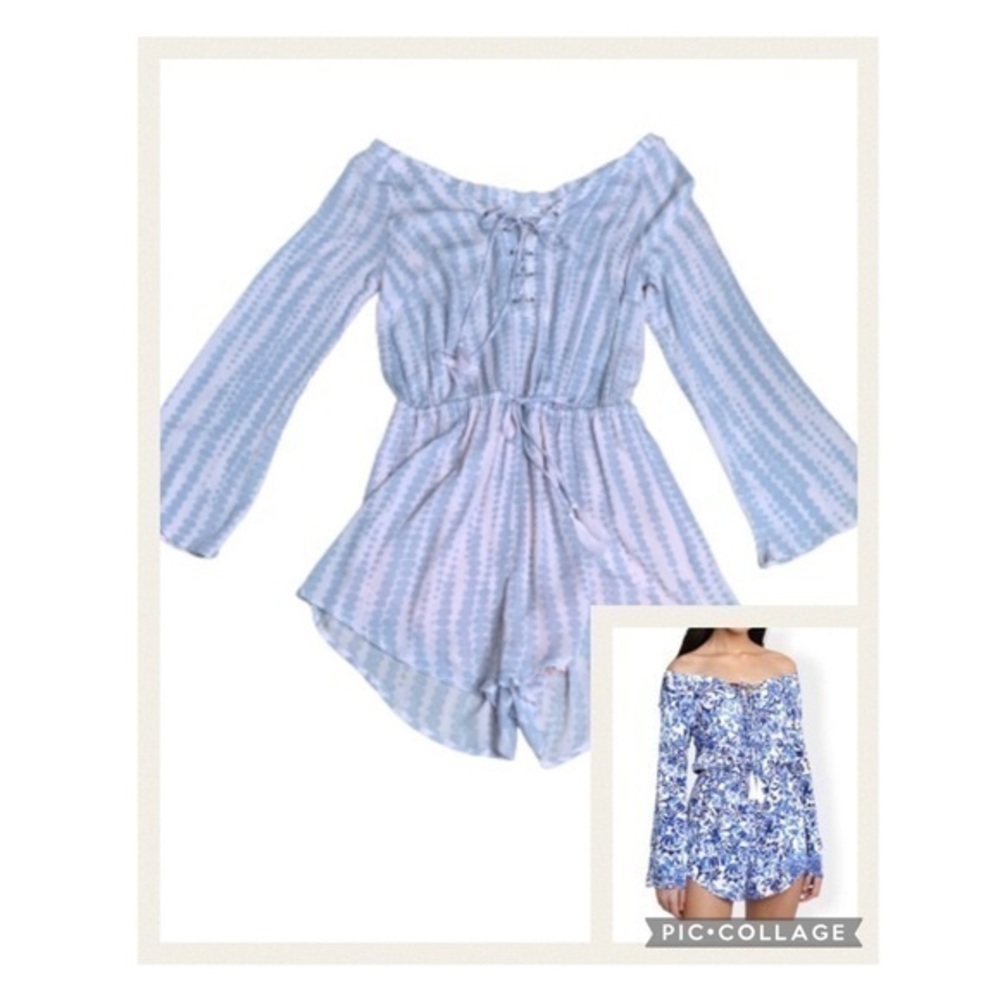 Olivaceous Pastel Blue & Pink Giraffe Print Long Sleeves Off Shoulder Romper L